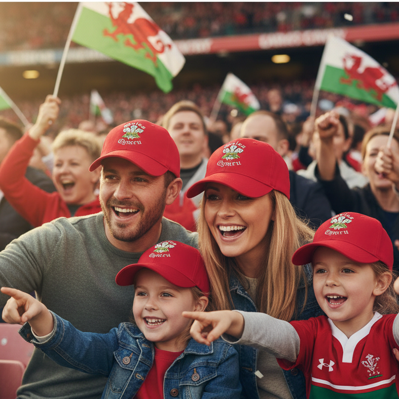 Welsh family wearing matching Three Feathers red baseball caps together at rugby match