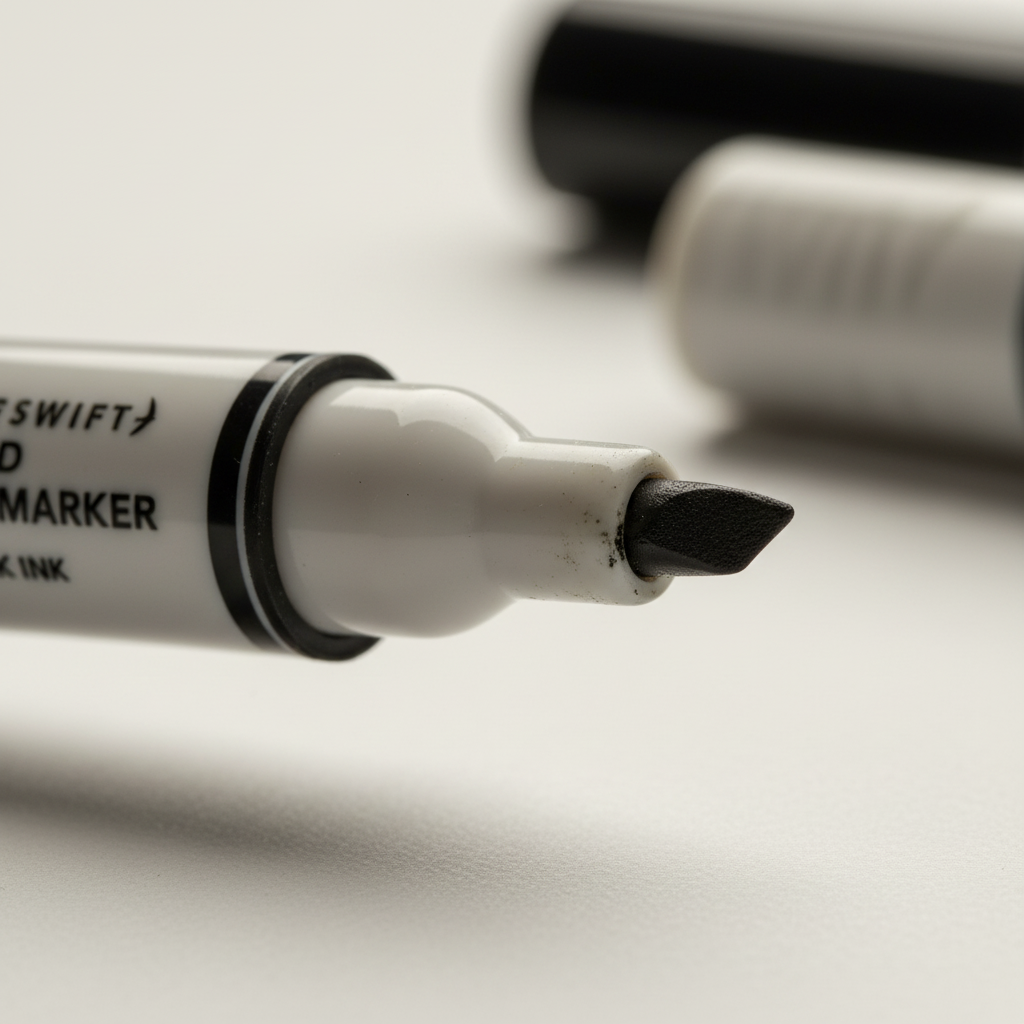 Extreme macro close-up of Swift whiteboard marker tip and barrel showing smooth plastic texture and precise tip