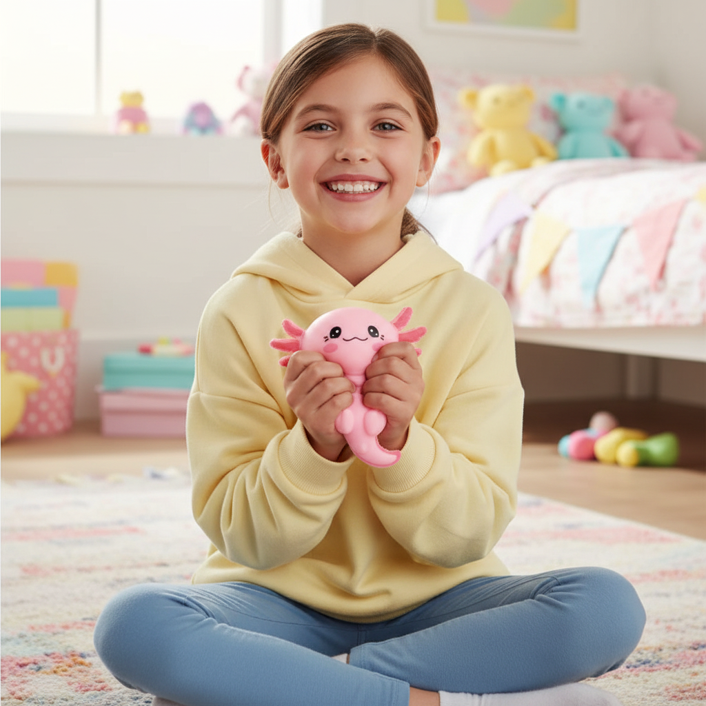 Young girl squeezing a pastel pink Smooshy Lotl axolotl squishy toy in her bedroom – fun sensory toy for children