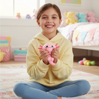 Young girl squeezing a pastel pink Smooshy Lotl axolotl squishy toy in her bedroom – fun sensory toy for children