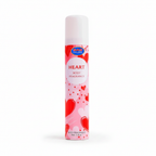 Insette Heart Body Fragrance 75ml aerosol spray can on pure white studio background, showing vivid red and blush pink heart motif label with white cap