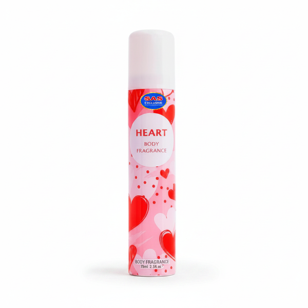 Insette Heart Body Fragrance 75ml aerosol spray can on pure white studio background, showing vivid red and blush pink heart motif label with white cap