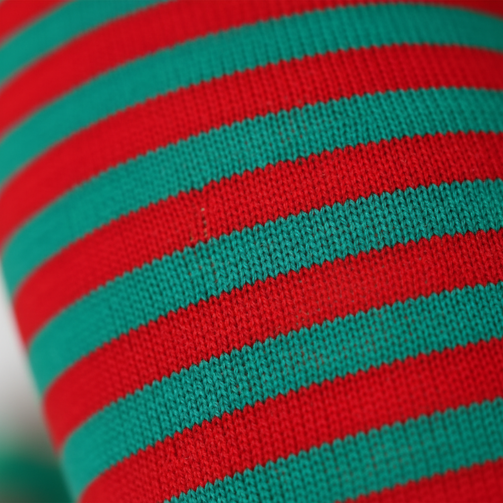 Extreme close-up macro of red and green striped tights fabric showing soft stretchy knit texture and material quality