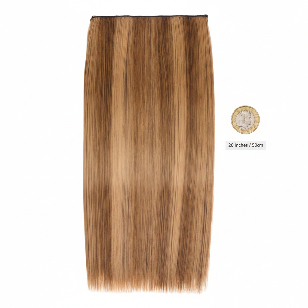 20 inch clip-in hair extension Honey Blush #6/27 flat lay beside a £1 coin to show scale