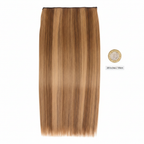 20 inch clip-in hair extension Honey Blush #6/27 flat lay beside a £1 coin to show scale