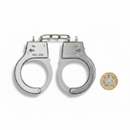 Polished chrome metal handcuffs flat lay on white background with pound coin for scale reference