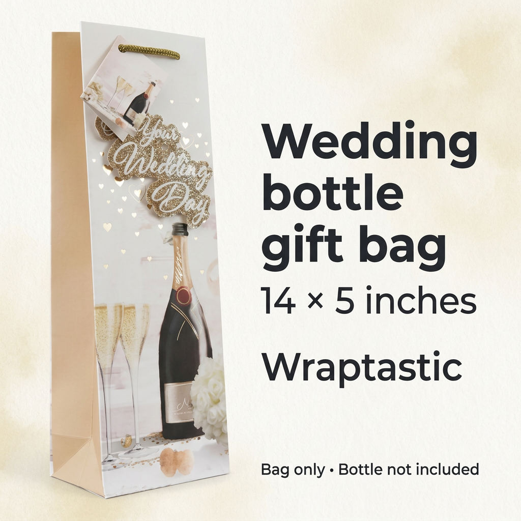 Wraptastic wedding bottle gift bag information graphic showing 14 by 5 inches and bottle not included