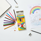 Cre8 colouring pencils 12 pack flat lay with colorful artwork and art supplies