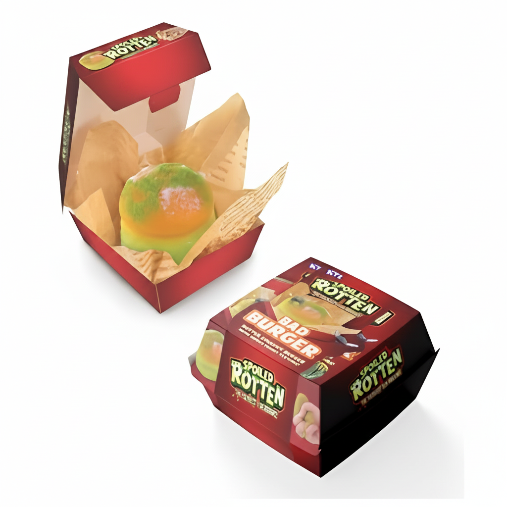 Spoiled Rotten Bad Burger squishy squeeze toy with crimson red burger box on white studio background