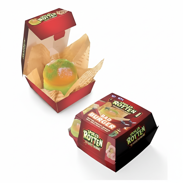 Spoiled Rotten Bad Burger squishy squeeze toy with crimson red burger box on white studio background