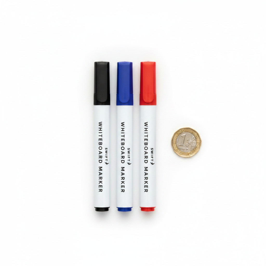 Swift Assorted Colour Whiteboard Markers 3 Pack flat lay with £1 coin for scale showing all three markers with black, blue and red caps