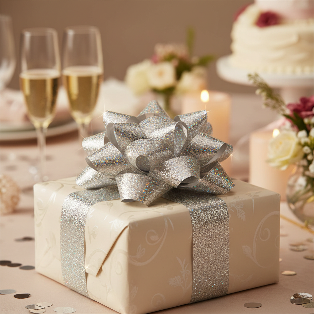 Beautifully wrapped gift with holographic silver ribbon bow at celebration party setting