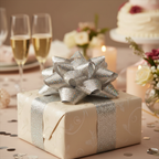 Beautifully wrapped gift with holographic silver ribbon bow at celebration party setting