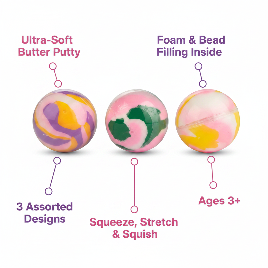 Sensory butter putty ball feature infographic showing ultra-soft texture, foam and bead filling, 3 assorted designs, ages 3 plus
