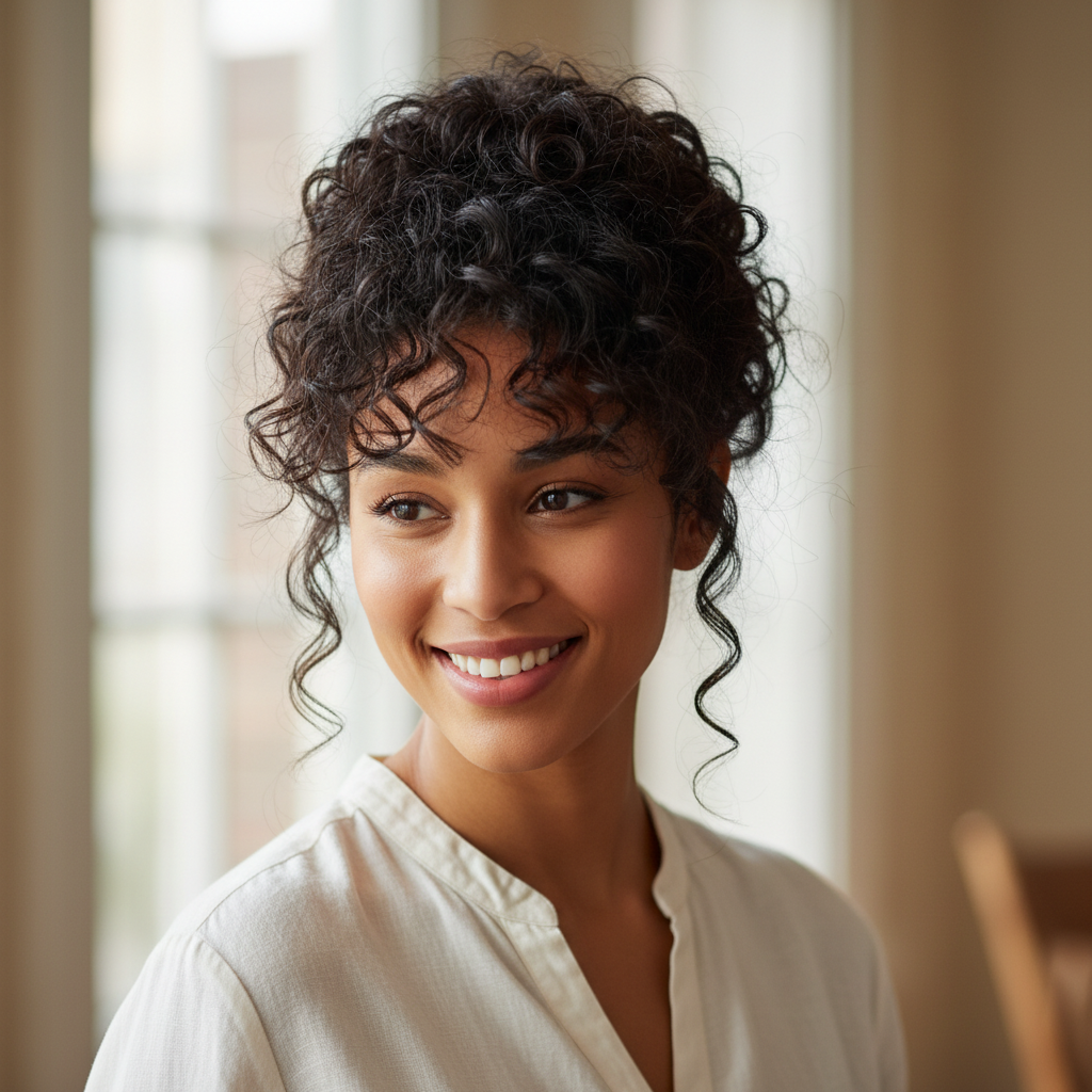 Woman with gorgeous voluminous dark brown curly updo showing the beautiful result of wearing the 1B Queen of the Night hair bun clip-in