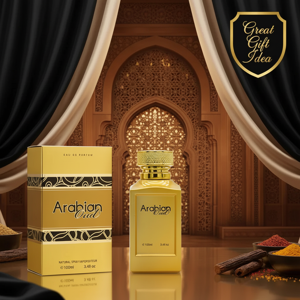 Fine Perfumery Arabian Oud EDP bottle on luxury vanity table with elegant decor