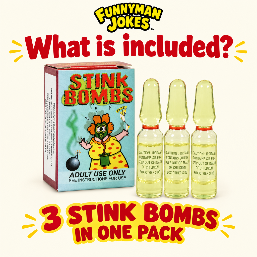 Funnyman Jokes Stink Bombs contents graphic showing the box and three glass ampoules