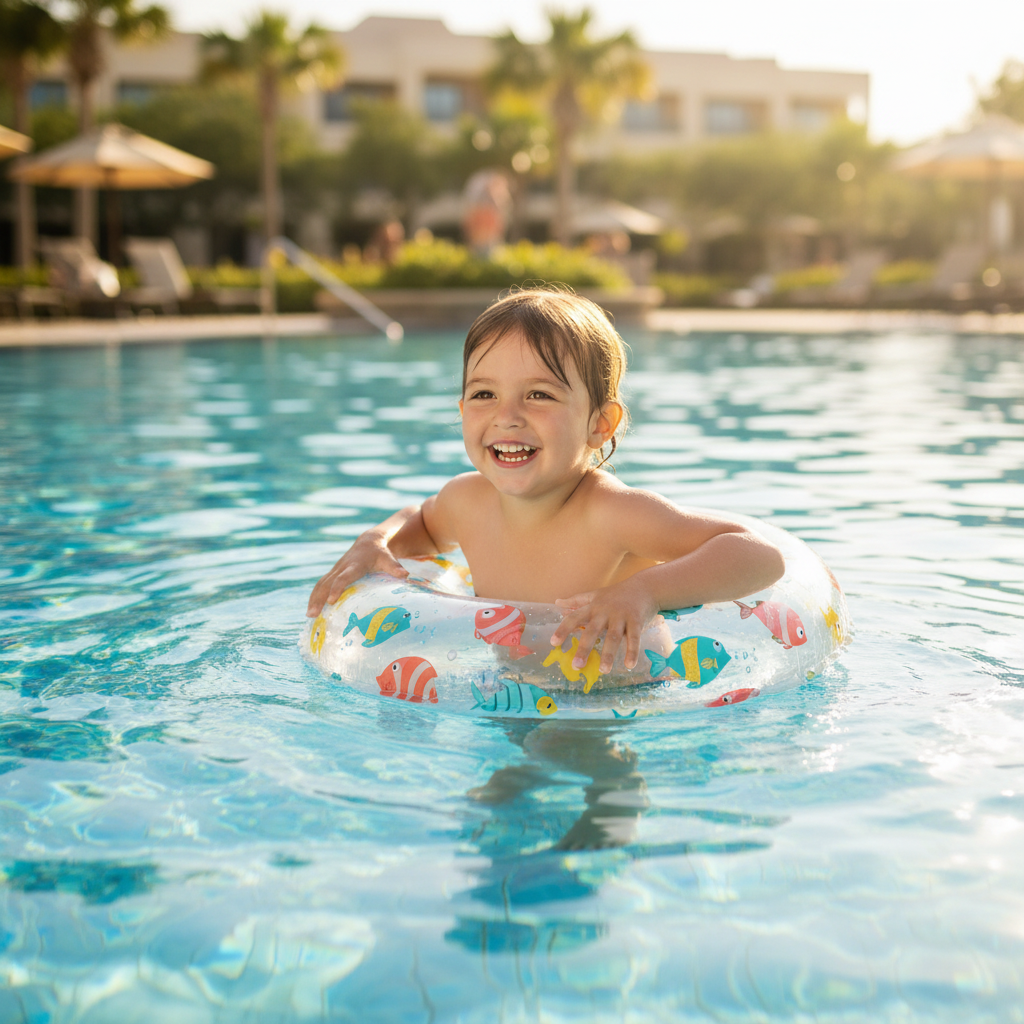 Happy child confidently floating in pool on Intex inflatable swim ring with tropical fish print — summer holiday result