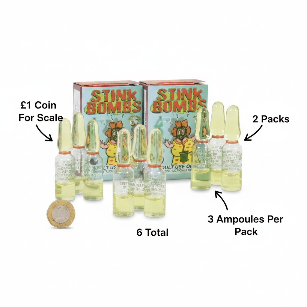 Stink Bombs 2 x Packs of 3 flat lay — 6 glass ampoules beside £1 coin for scale, all pack contents shown on white background