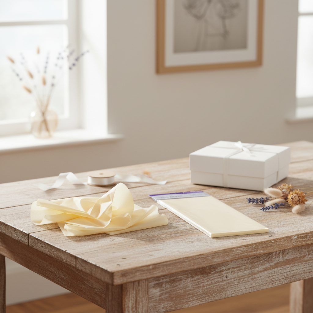 Ivory tissue paper pack on a wooden gift wrapping table with white ribbon, gift box and dried flowers, natural window light