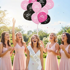 Bride-to-be in white sash and tiara releasing pink and black latex balloons with bridesmaids