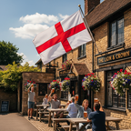 England St George Cross Flag flying on a flagpole outside a traditional English building on a sunny day, blue sky