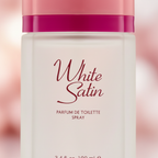 Extreme macro close-up of Taylor of London White Satin EDT frosted glass bottle texture with blush rose cap and magenta collar