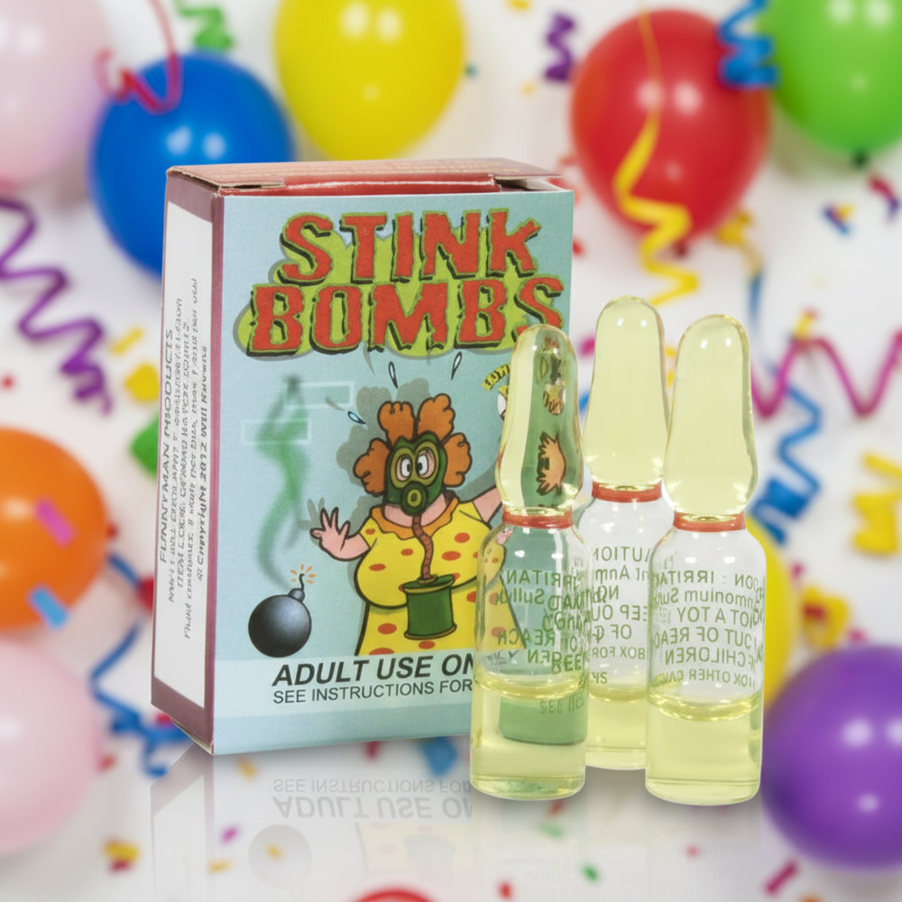Stink Bombs Pack of 3 novelty prank toy with colorful party background - perfect practical joke gift for kids and teens