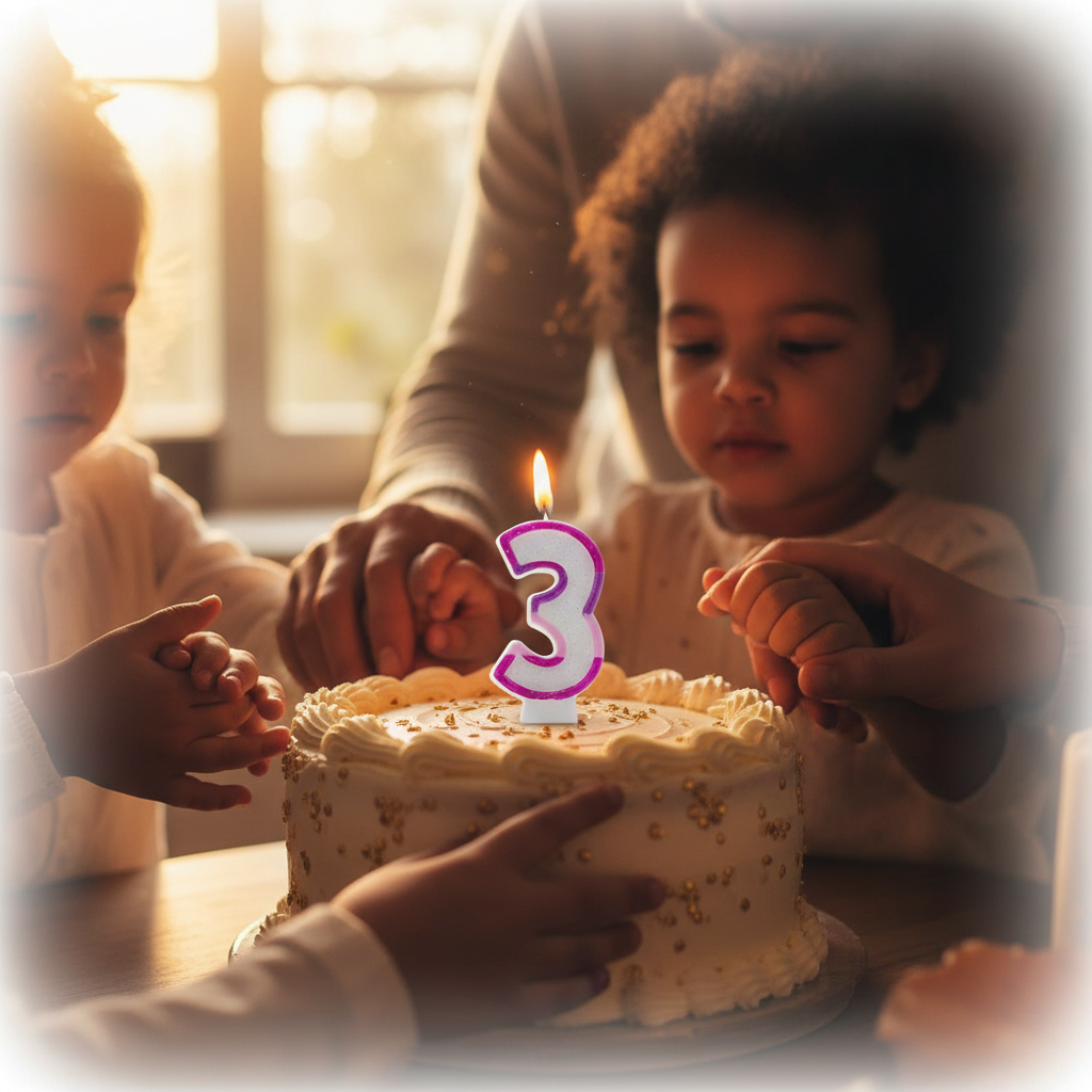 Emotional birthday celebration scene with pink glitter number 3 candle glowing warmly, family hands surrounding cake in golden hour light