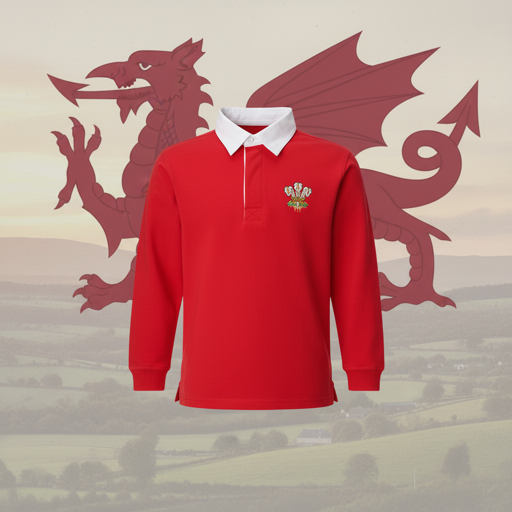 Kids Traditional Long Sleeve Welsh Red Rugby Shirt Age 2-3 Years with three feathers emblem