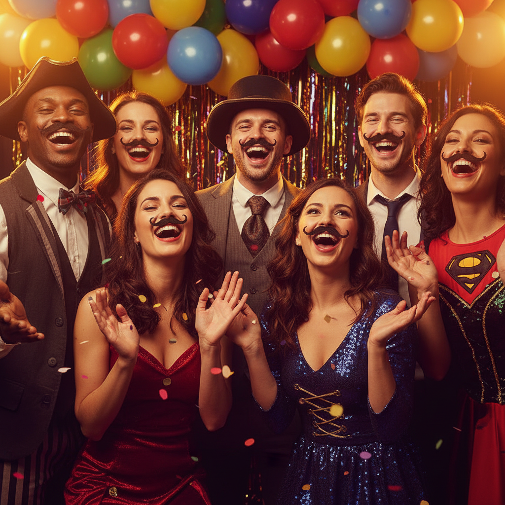 Group of friends wearing black self-adhesive fancy dress moustaches at a party - Why Not Shop