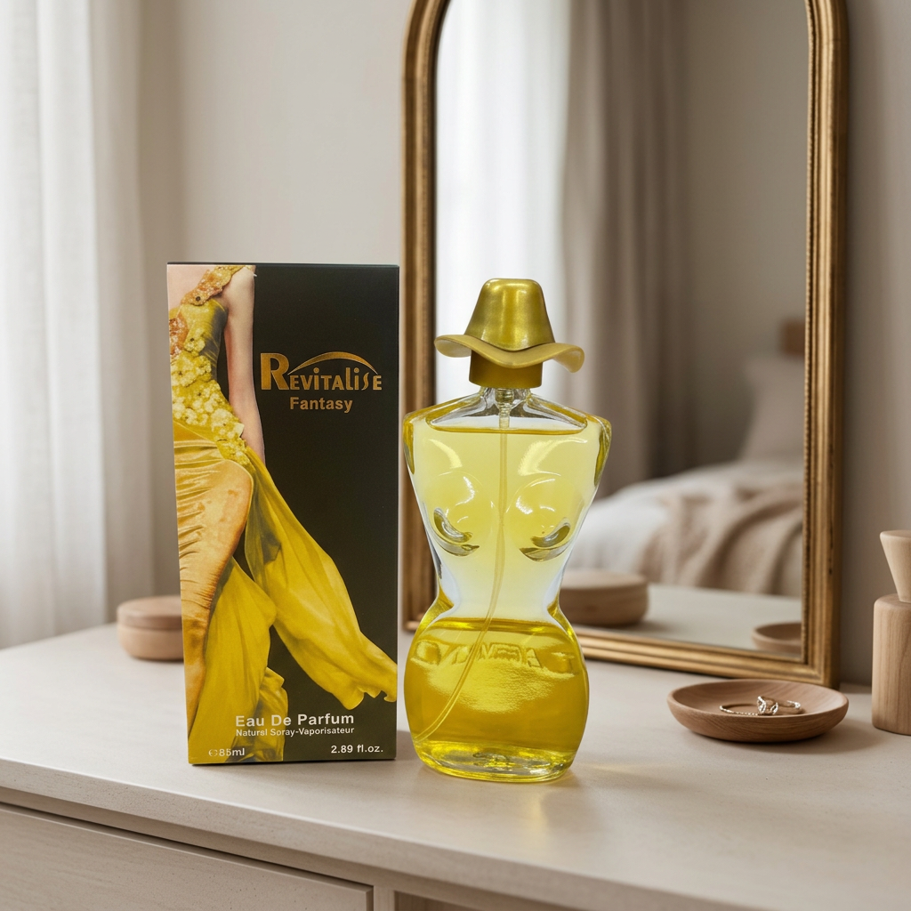 Revitalise Fantasy gold-capped perfume bottle and box on a pale dressing table beside a mirror.