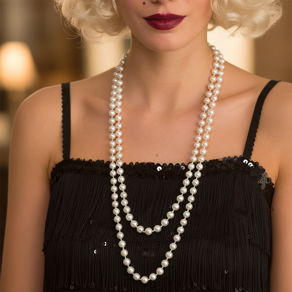Close-up of white pearl necklaces draped around a woman's neck in a glamorous boudoir setting