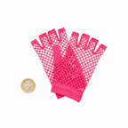 1980's Neon Pink Fingerless Net Gloves flat lay showing both gloves with fingers open and exposed, beside a £1 coin for scale, white background