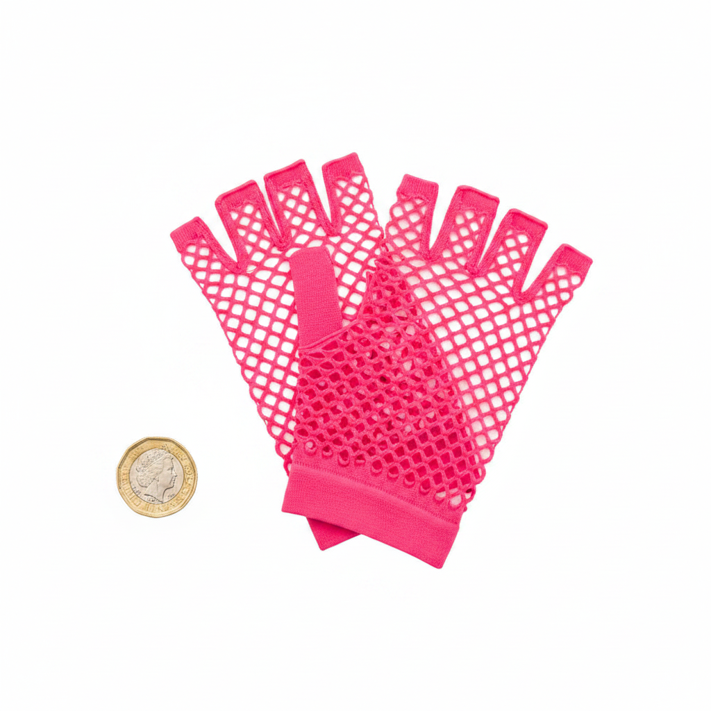 1980's Neon Pink Fingerless Net Gloves flat lay showing both gloves with fingers open and exposed, beside a £1 coin for scale, white background