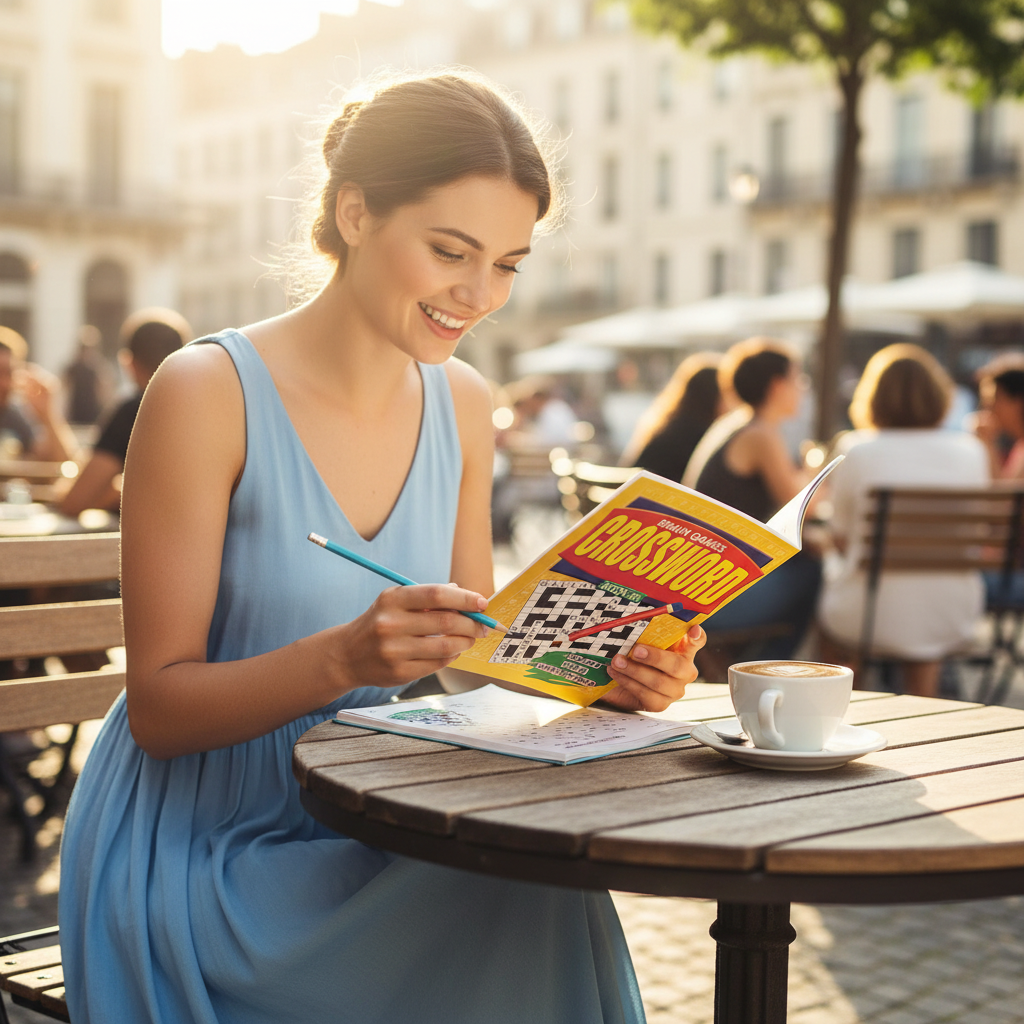 Woman at an outdoor café solving the Compact A5 Crossword Puzzle Book with a coffee on a sunny day