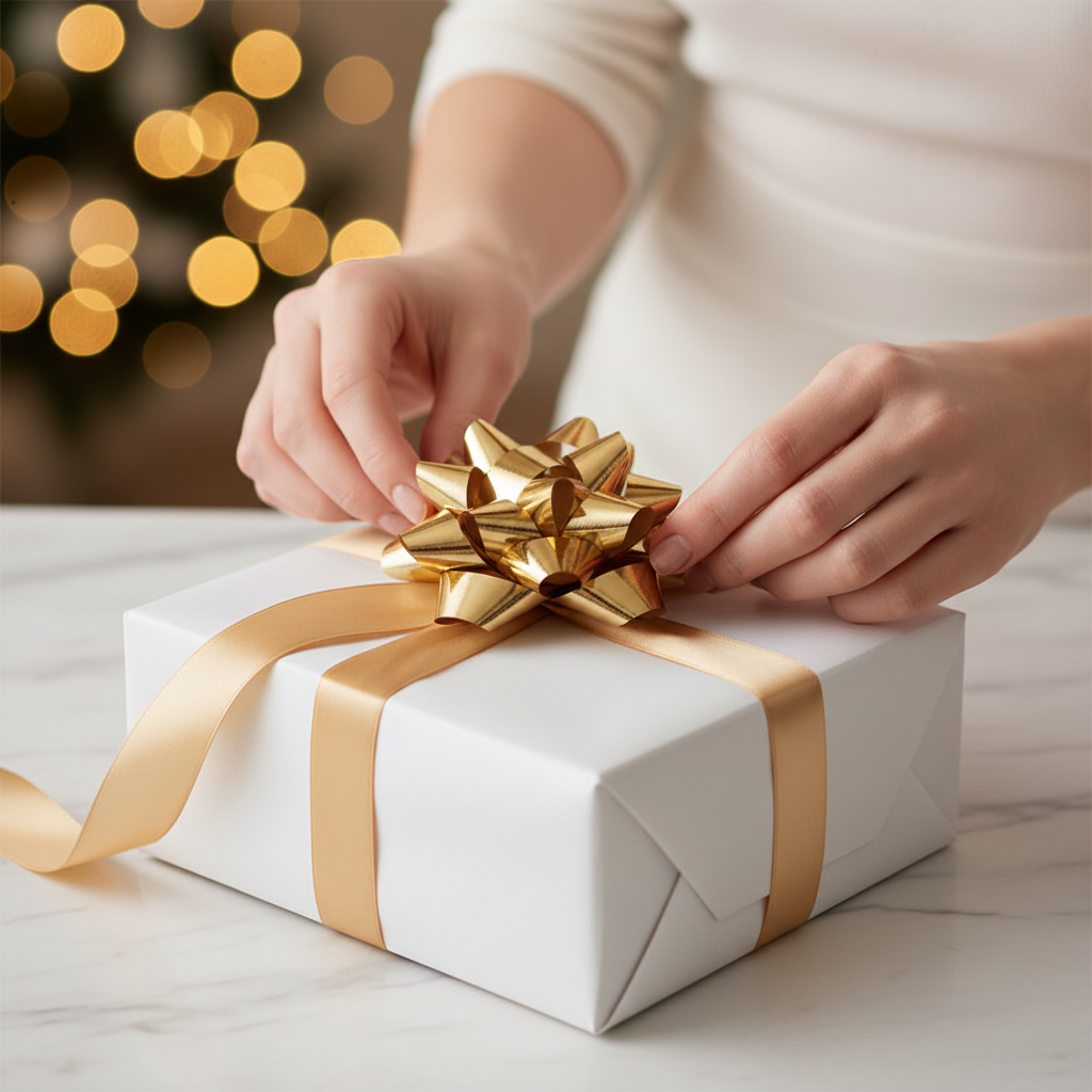 Woman attaching a metallic gold pull bow to a luxury white gift box on a marble table