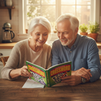 Older couple enjoying the Compact A5 Crossword Puzzle Book together at the kitchen table — fun for all ages