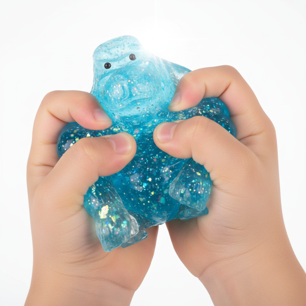 Close-up of child's hands squeezing a blue Stretch and Squeeze Gorilla Gel Toy showing gel sugar filling shifting inside