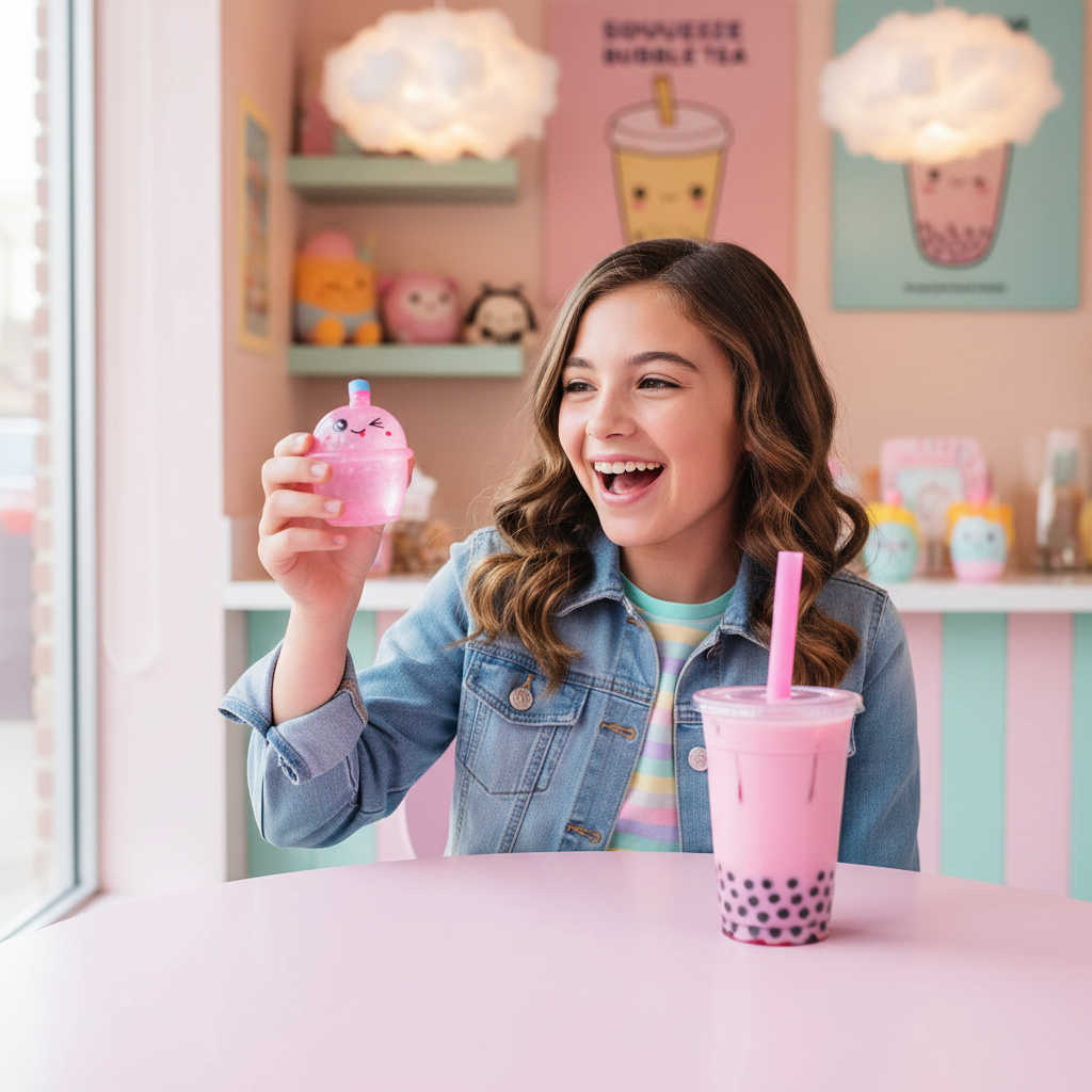 Girl at a pastel bubble tea cafe holding a pink Stretch and Squeeze Bubble Tea Gel Toy next to a real bubble tea drink