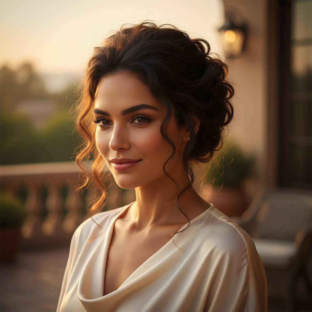 Confident woman with beautiful dark brown curly updo hair bun in golden hour light, aspirational lifestyle scene
