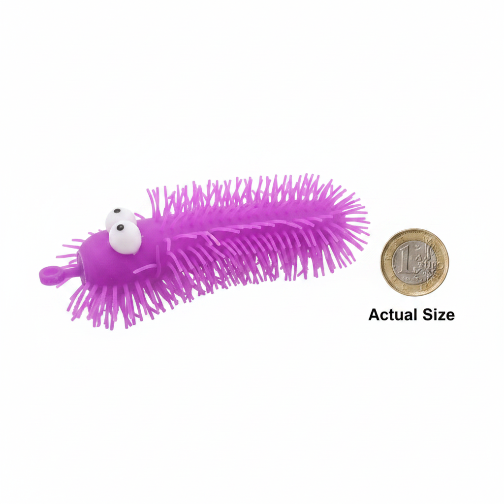 Big Eye Puffer Caterpillar purple squeeze toy beside a £1 coin showing actual product size, flat lay on white background