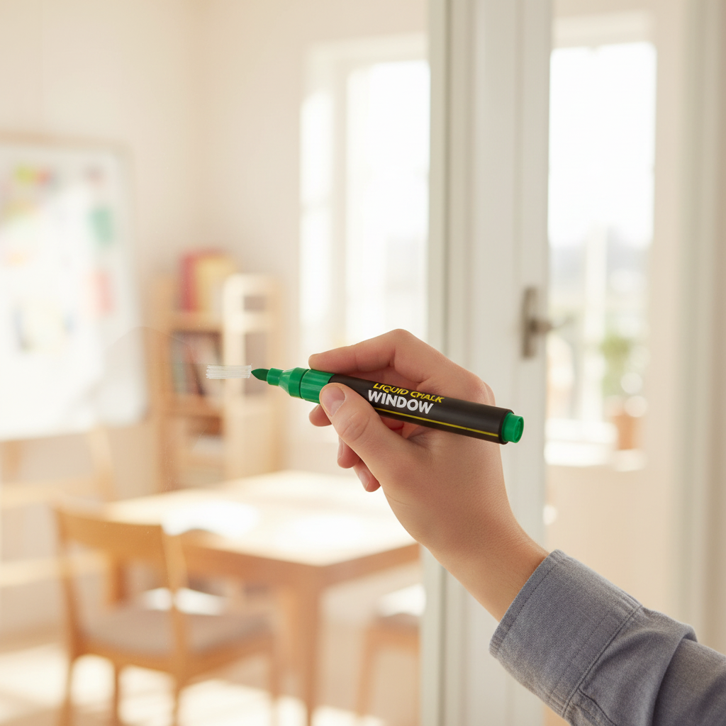 Person drawing on a glass surface with a green liquid chalk marker pen with creamy bokeh background