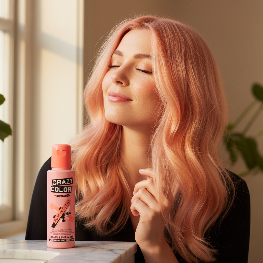 Woman with vibrant peachy coral hair in golden hour light, Crazy Color No.70 hair dye on vanity, aspirational beauty scene