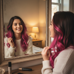 Young woman admiring her hot pink Stargazer hair extension in a mirror, warm satisfying result