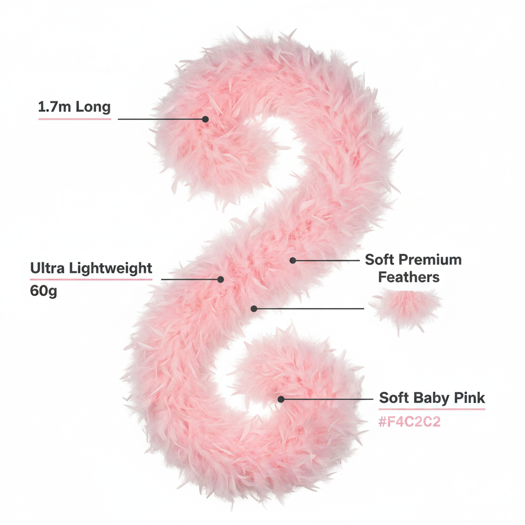 Baby pink feather boa infographic showing key features: 1.7m long, 60g lightweight, soft premium feathers, soft baby pink colour