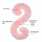 Baby pink feather boa infographic showing key features: 1.7m long, 60g lightweight, soft premium feathers, soft baby pink colour