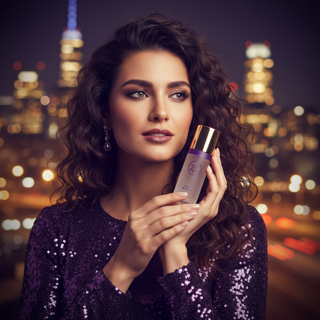 Aspirational cinematic scene — glamorous woman holding New York Dolls Night perfume against city night skyline with violet and gold light