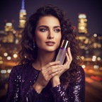 Aspirational cinematic scene — glamorous woman holding New York Dolls Night perfume against city night skyline with violet and gold light