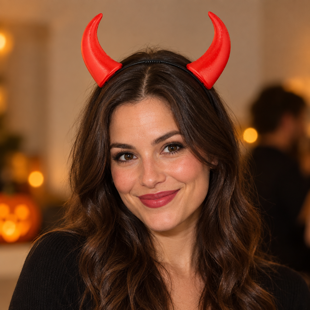 Adult model wearing red devil horns on a black headband at a softly lit Halloween gathering.